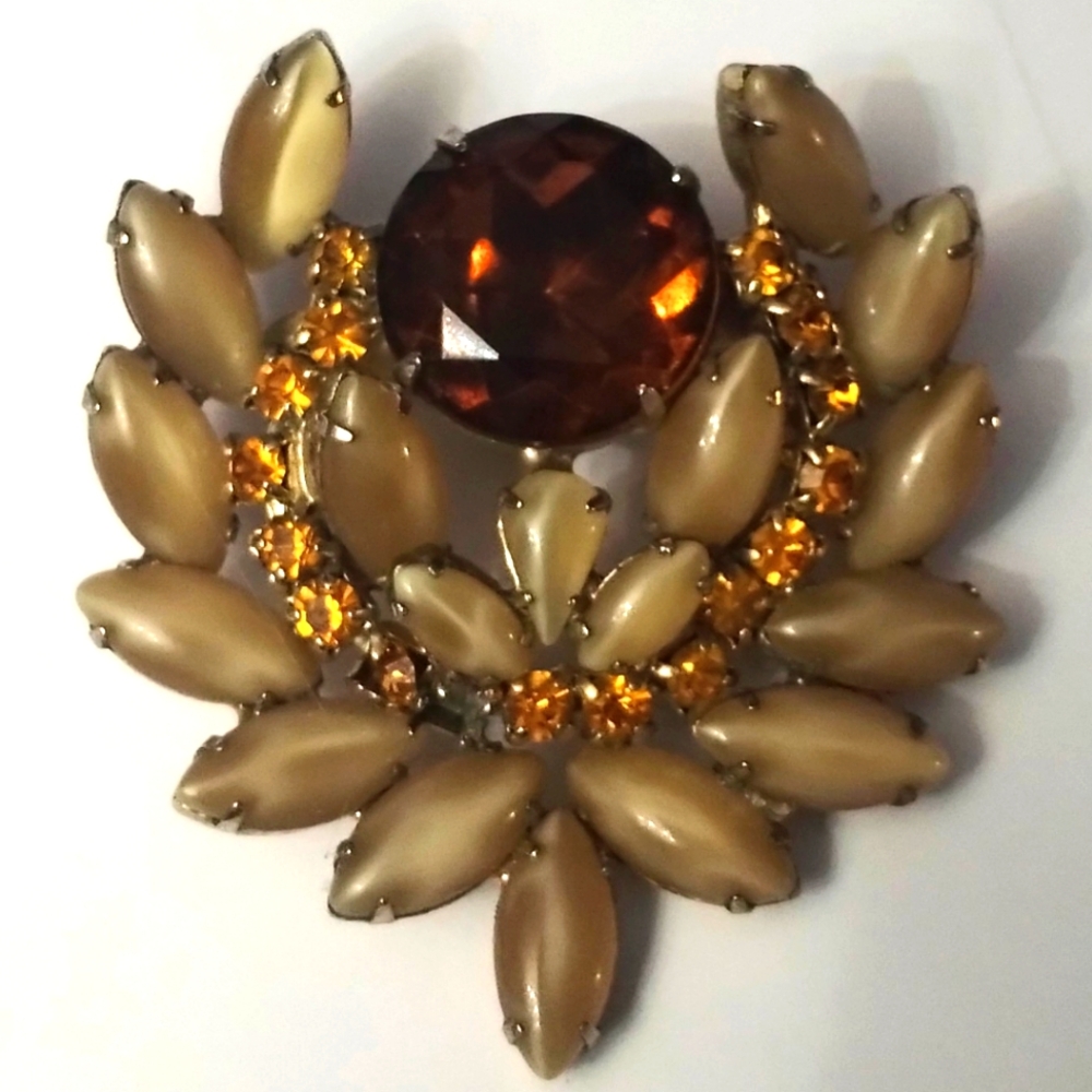 Vtg Weiss Unsigned Large Caramel Amber Topaz Pin Brooch